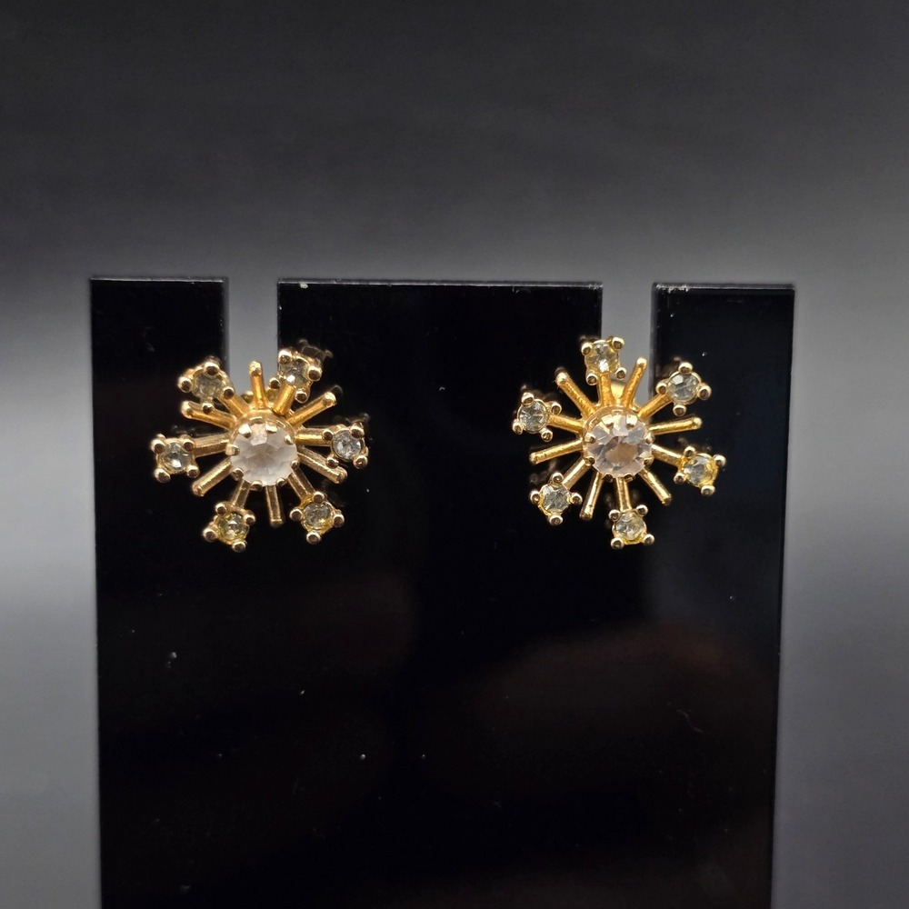 Avon 1978 Starburst Earrings Studs Snow Flake Gold Tone Rhinestone